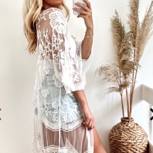 White mesh lace boho kimono cardigan sweater - Picture 4 of 4